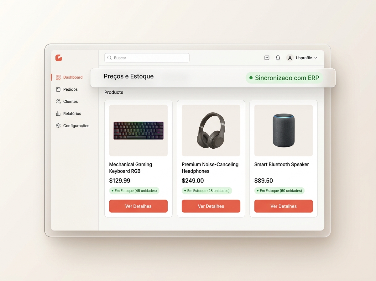 Dashboard da loja virtual com produtos sincronizados com o ERP Maxdata